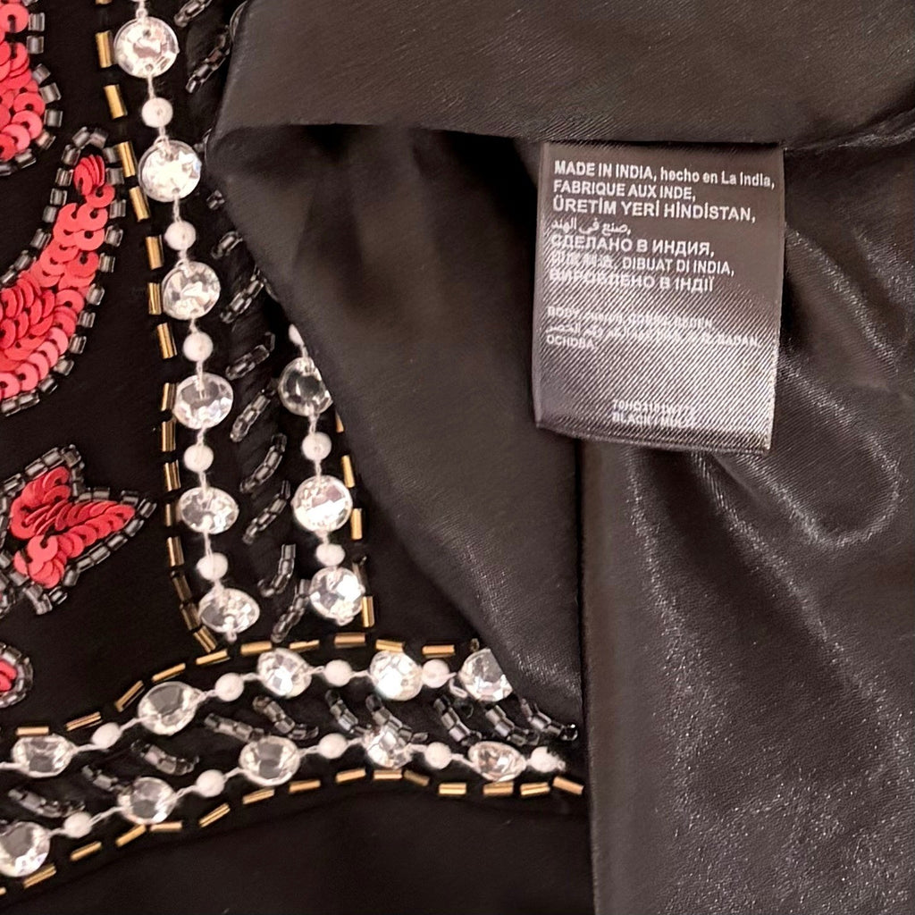 BEBE Black Beaded Sequin Crepe Dress Balmain Bodycon Mini Glam Floral Party 4
