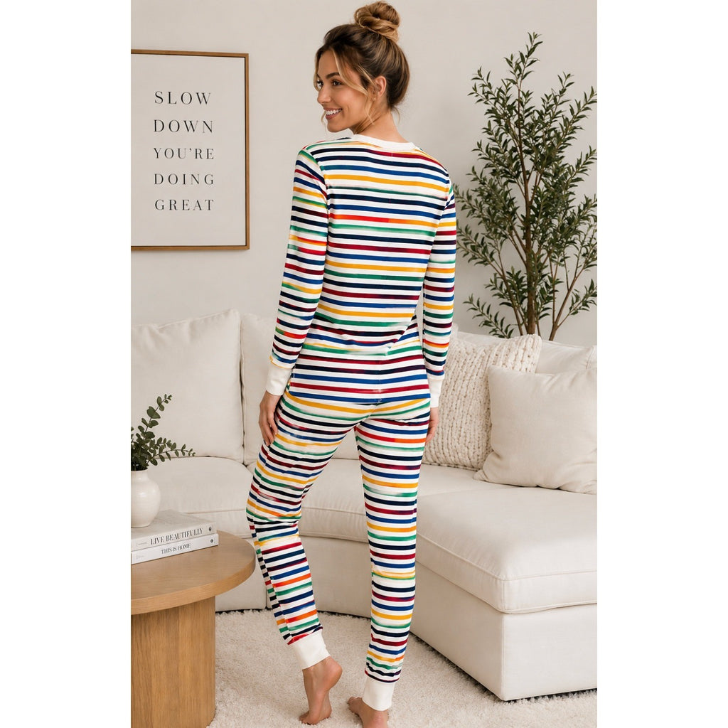 Women's HANNA ANDERSSON 2 Piece Multi Stripe Pajamas Henley Organic Cotton Small