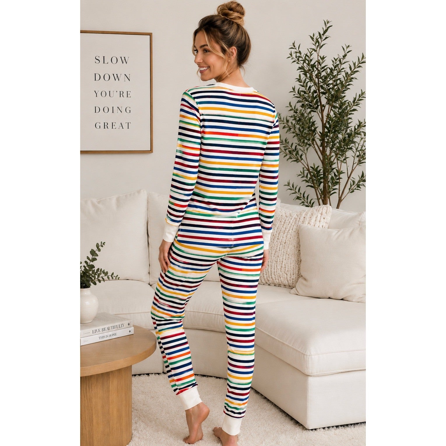 Women's HANNA ANDERSSON 2 Piece Multi Stripe Pajamas Henley Organic Cotton Small