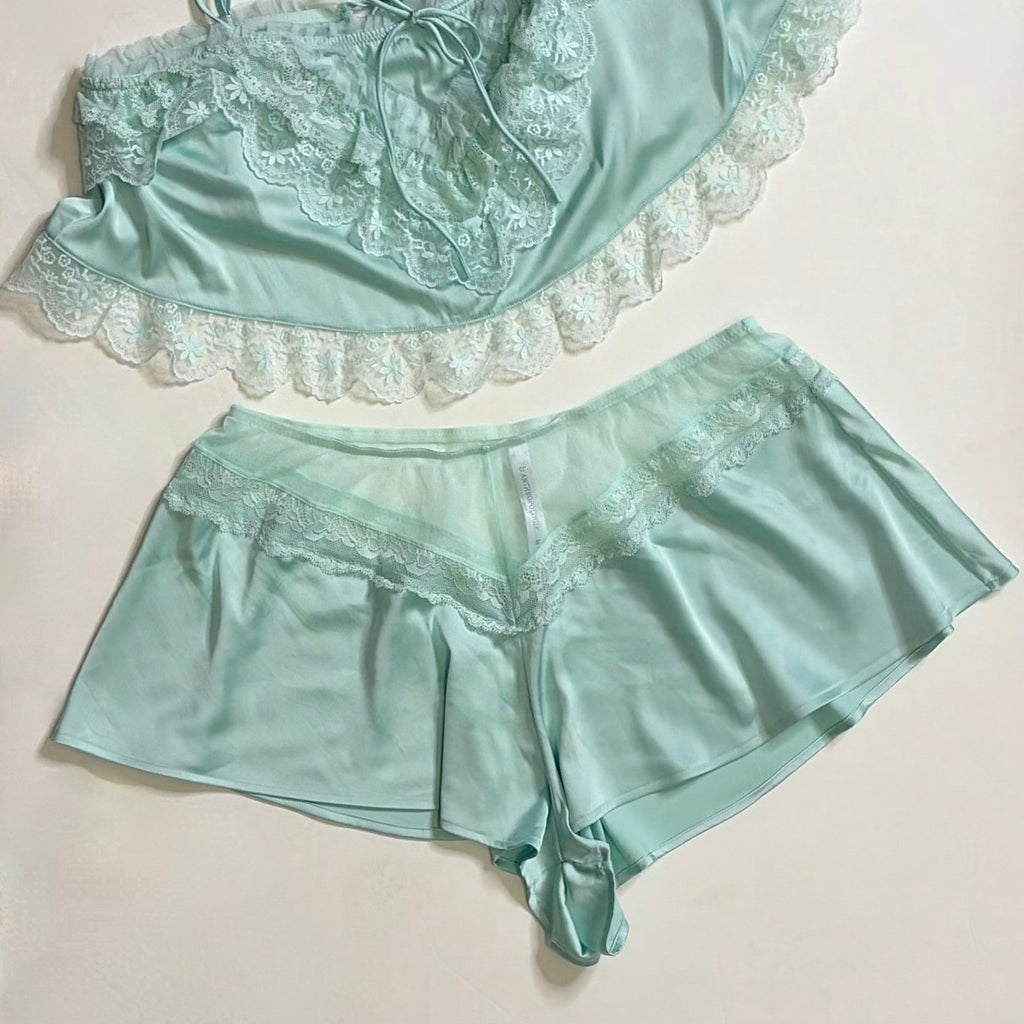 ANTHROPOLOGIE Two Piece Set Crop Lace Ruffle Cami Short Mint Green Lacey Medium
