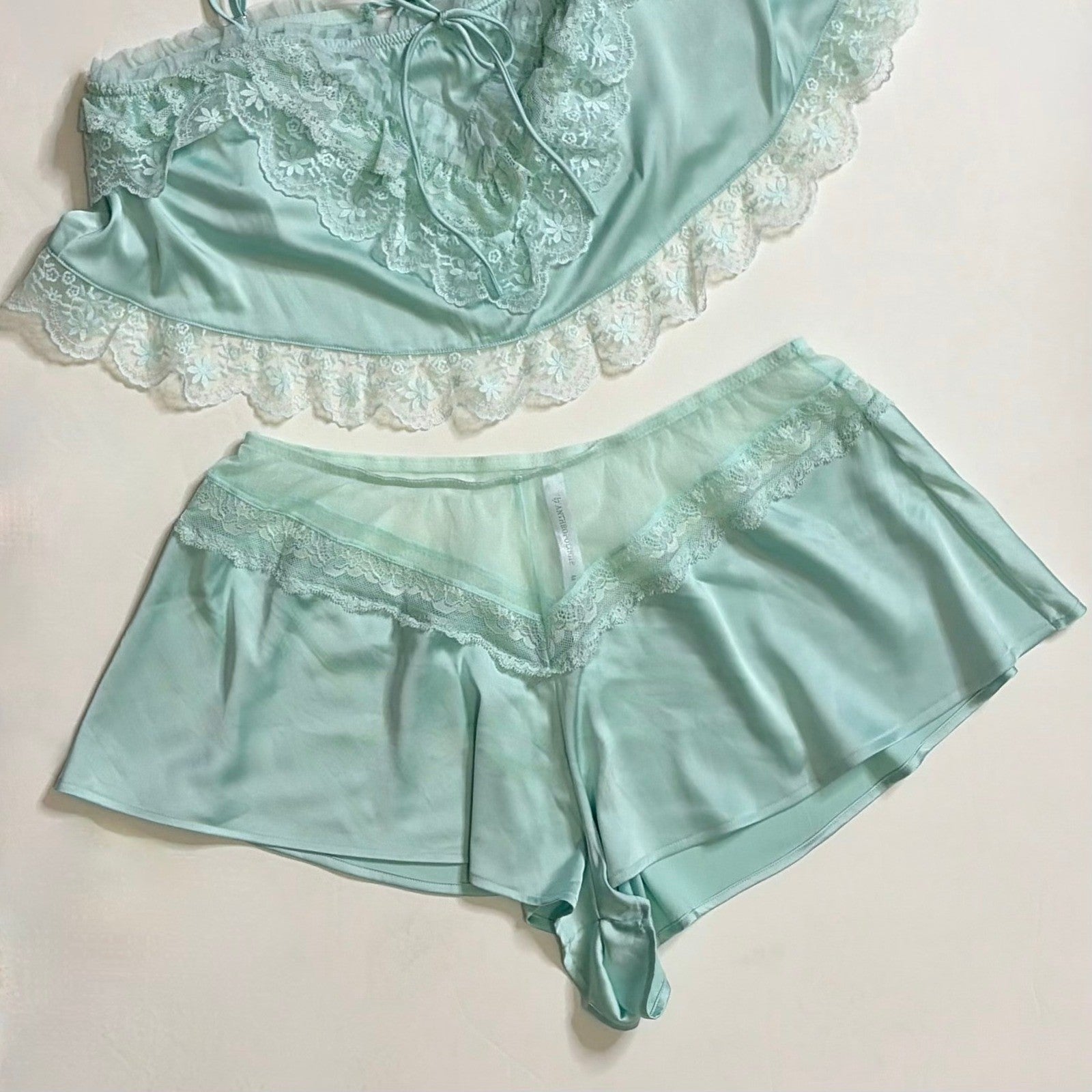 ANTHROPOLOGIE Two Piece Set Crop Lace Ruffle Cami Short Mint Green Lacey Medium