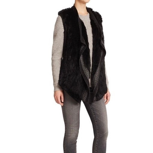 VINCE Rex Rabbit Fur Drape Front Sweater Vest Mixed Materials Knit Back X-Small