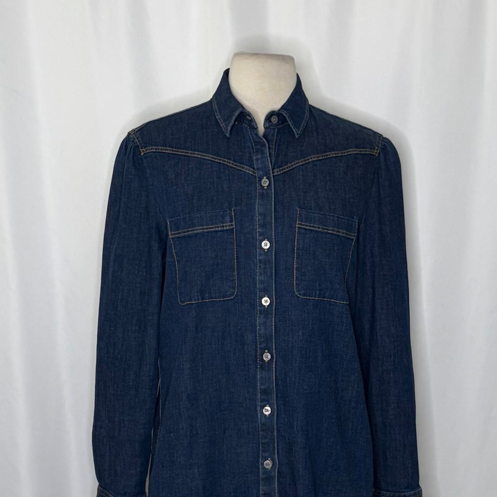 Women's UNTUCKIT Jenna Buttondown Denim Shirt Top Pockets Dark Wash Preppy 8