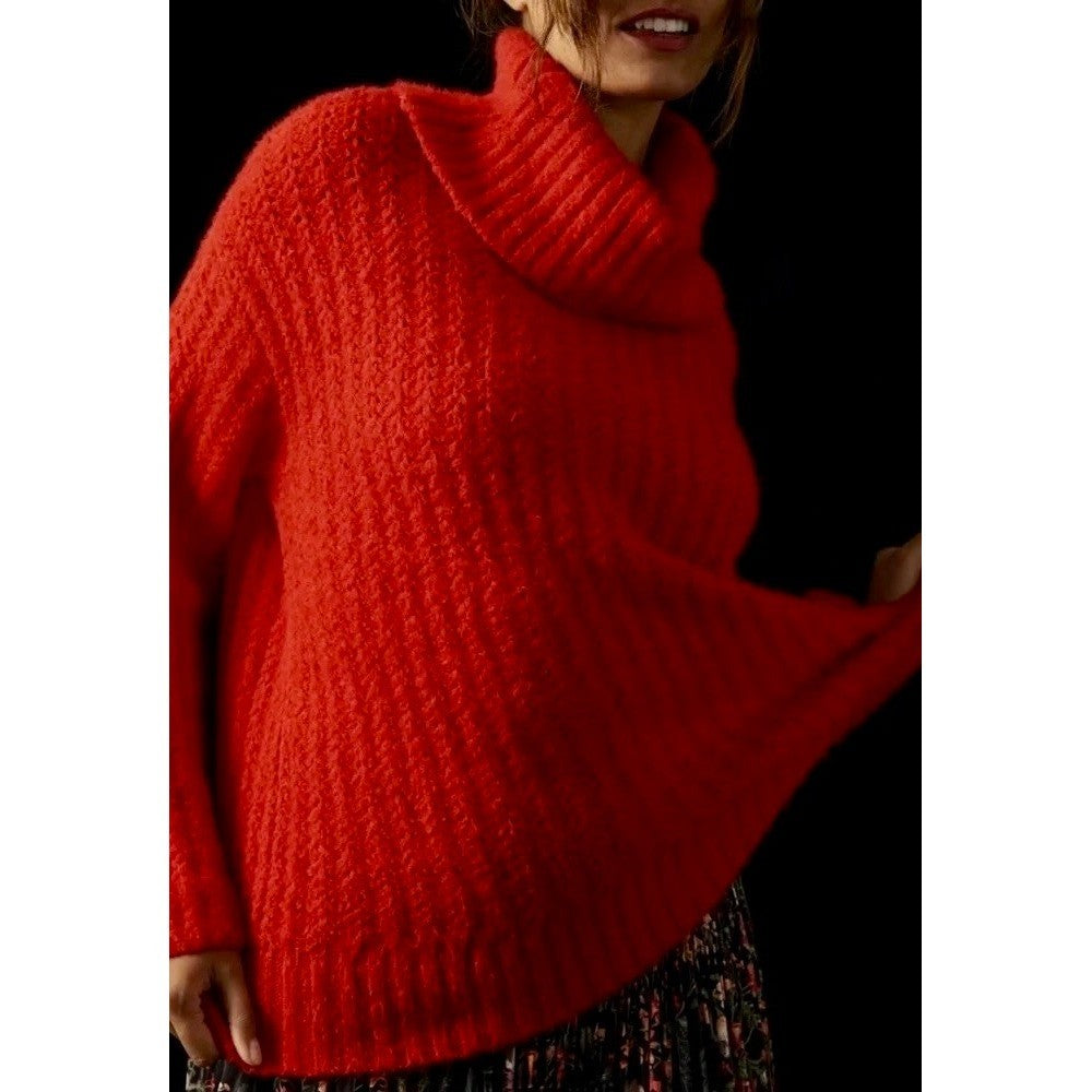 Anthropologie MAEVE Cowl Neck Pullover Sweater Knit Solid Red Turtleneck Small