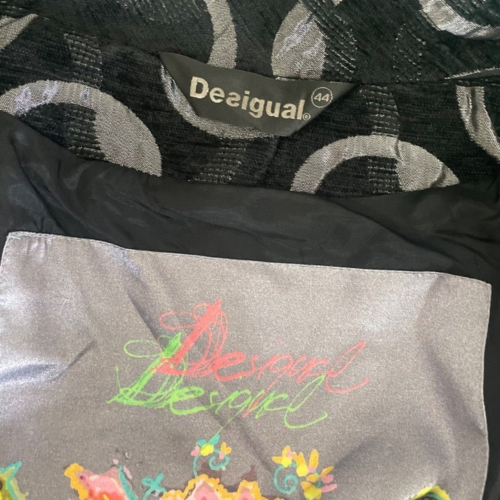 DESIGUAL Black Silver Jacquard Coat Pockets Embellished Buttons Chic 44 / Large