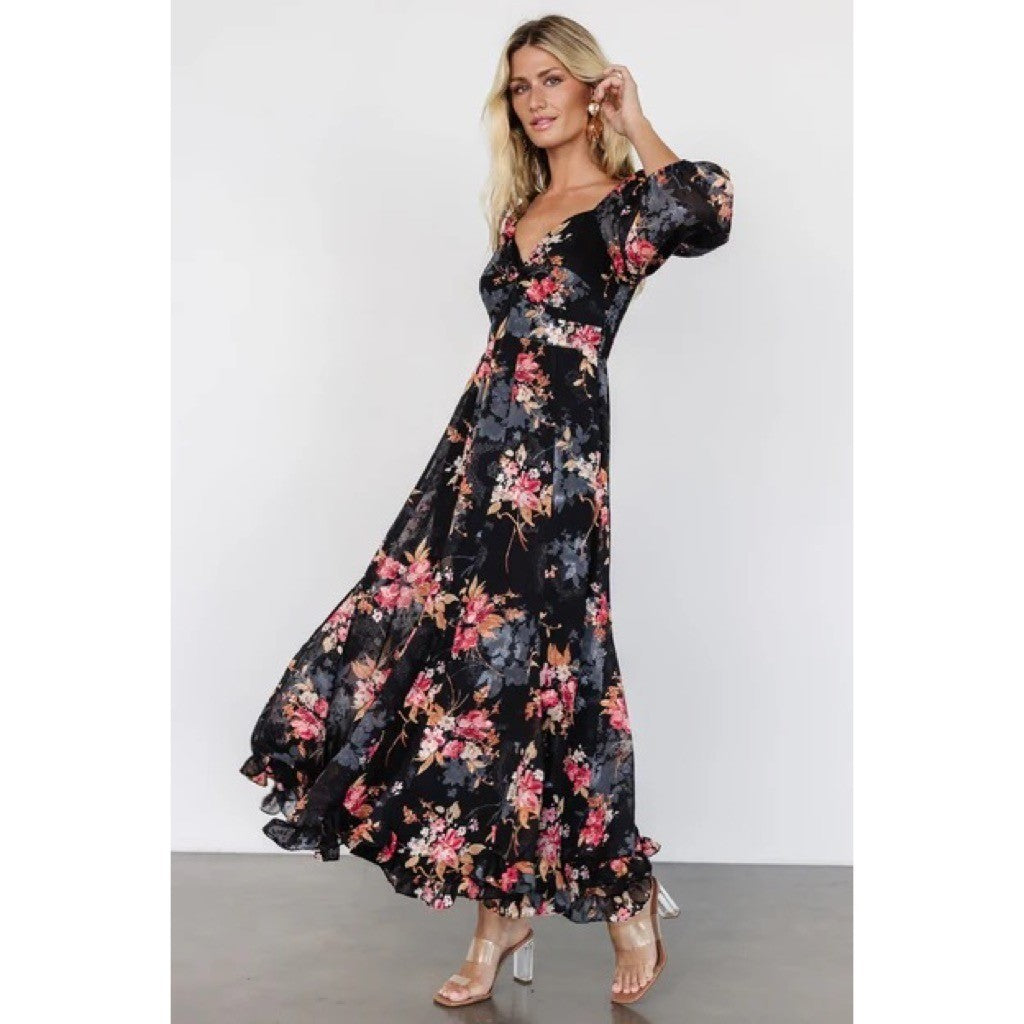 NWT!! BALTIC BORN Estefania Maxi Dress Black Floral Romantic Ruffle X-Small