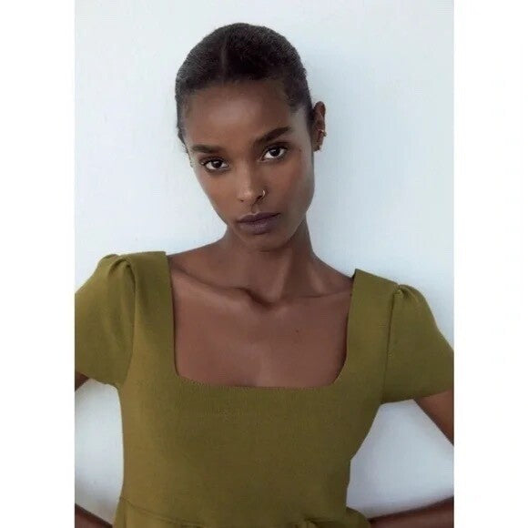 ZARA Squared Mini Babydoll Dress Puff Sleeves Solid Olive Green Knit Small