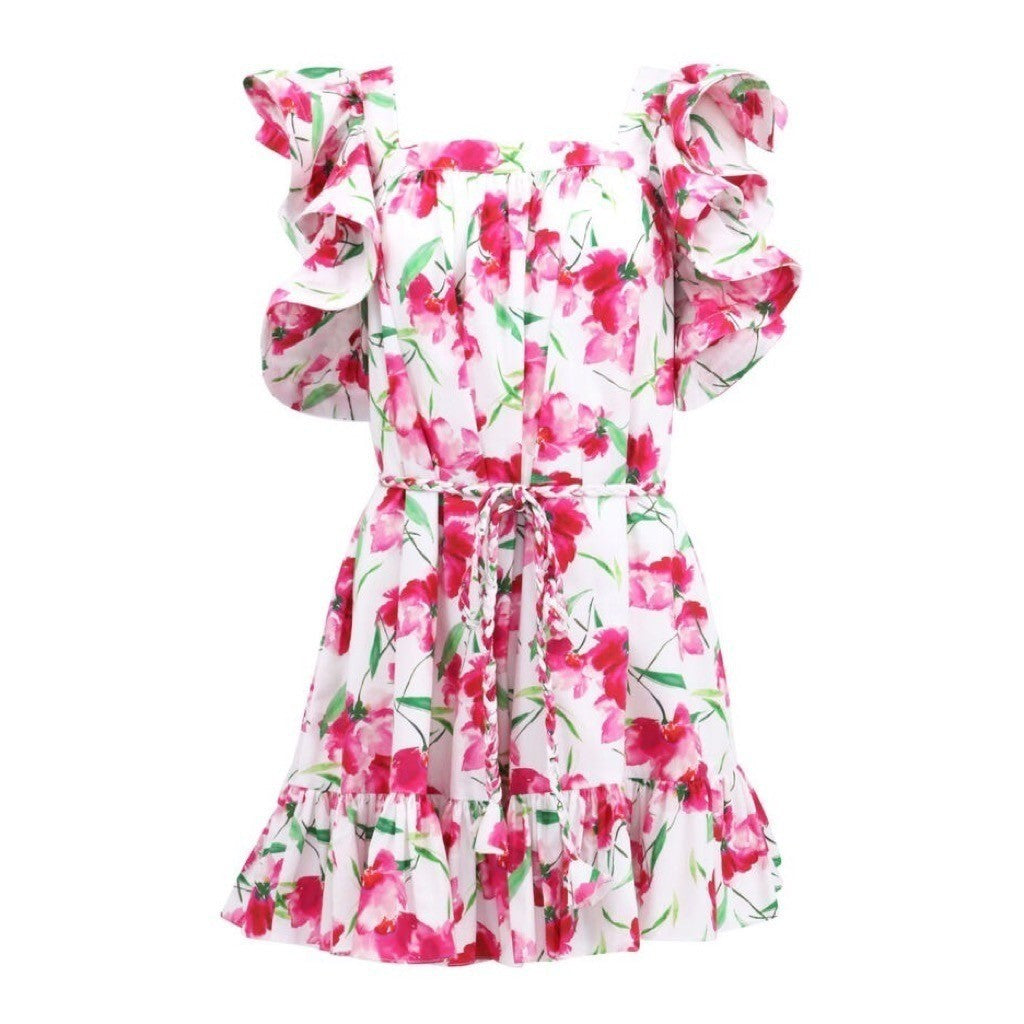 MISA Los Angeles Selma Floral Dress Ruffled A-Line Mini White Pink X-Small