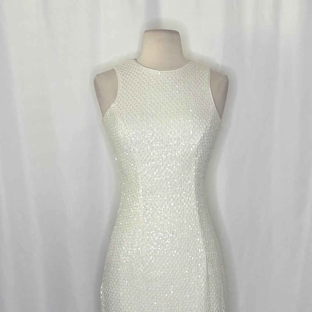 DRESS THE POPULATION Alina Sequin Crochet Lace Midi Dress Bridal White Small
