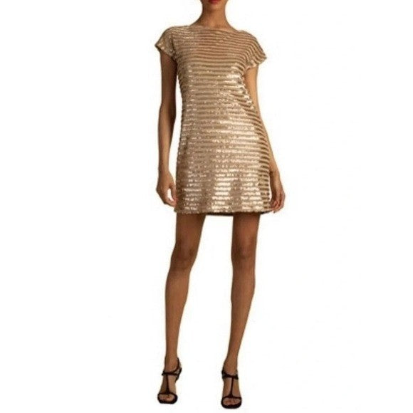 NWT!! Trina TRINA TURK Sequin Stripe Mini Party Cocktail Dress Gold Shift Small