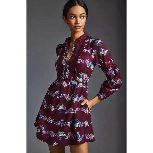 BY ANTHROPOLOGIE Mini Tunic Long Sleeve Dress Floral Lace Trims Purple X-Small