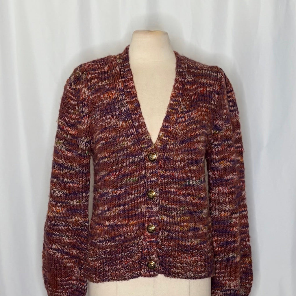 VERONICA BEARD Amosa Wool Cardigan Sweater Marled Puff Sleeves Burgundy Large