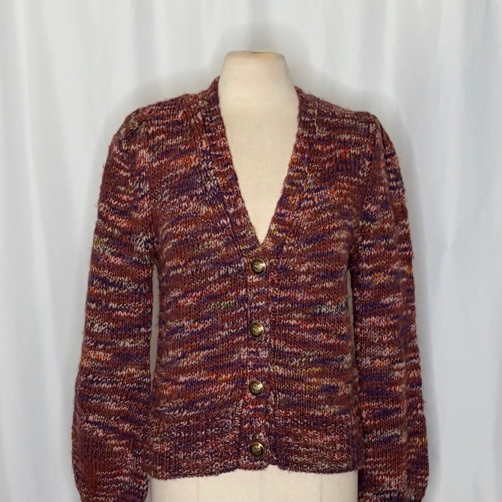VERONICA BEARD Amosa Wool Cardigan Sweater Marled Puff Sleeves Burgundy Large