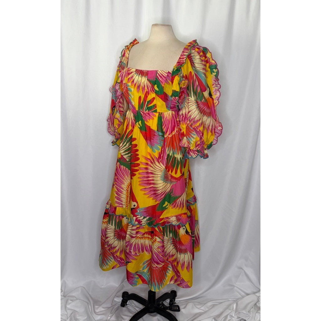 FARM RIO Colorful Toucans Scallops Midi Dress Birds Vacation Embroidered X-Large