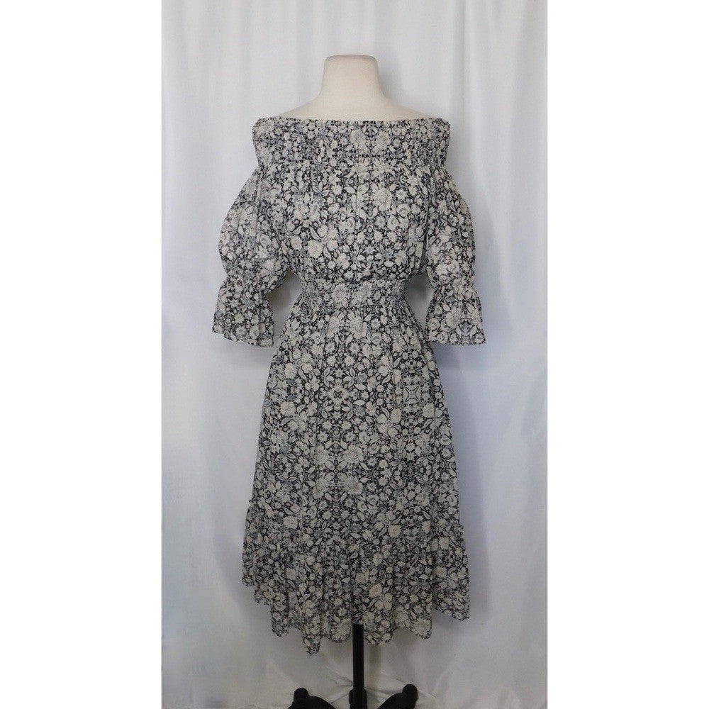 MISA Los Angeles Floral Smocked Midi Dress Black Gray Pink Off Shoulder X-Small