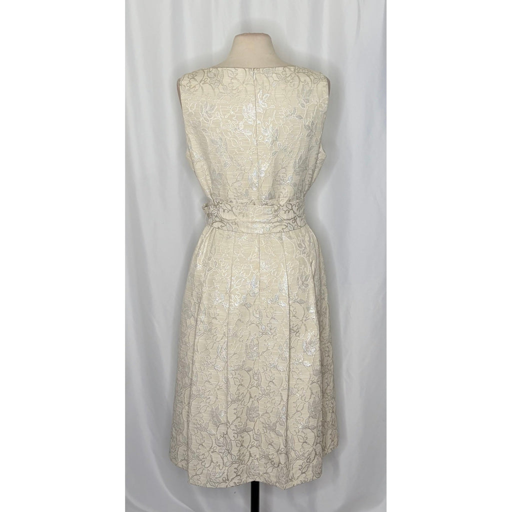 LAFAYETTE 148 New York Metallic Floral Dress Pleated Tie Waist Silver Size 14