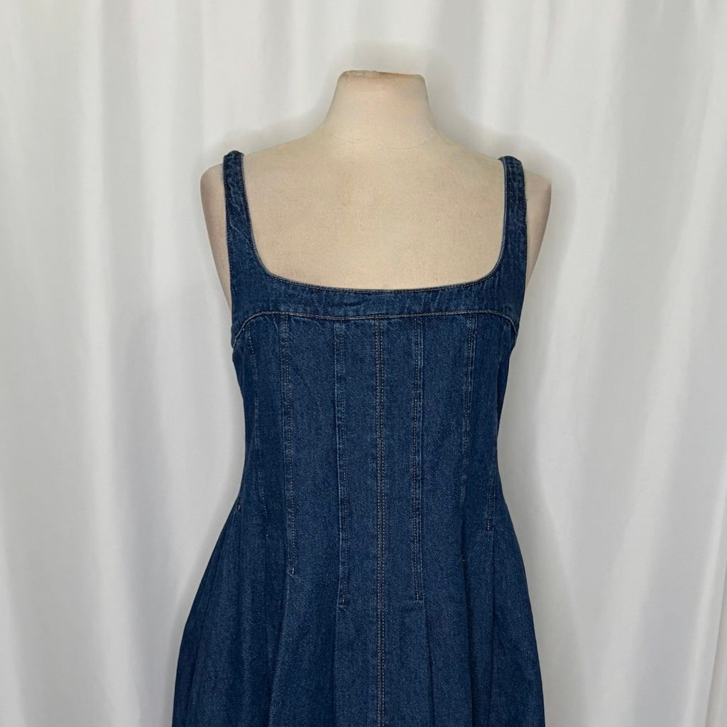 NWT!! REFORMATION Violet Denim Mini Dress Blue Smocked A-Line Skirt Size 12