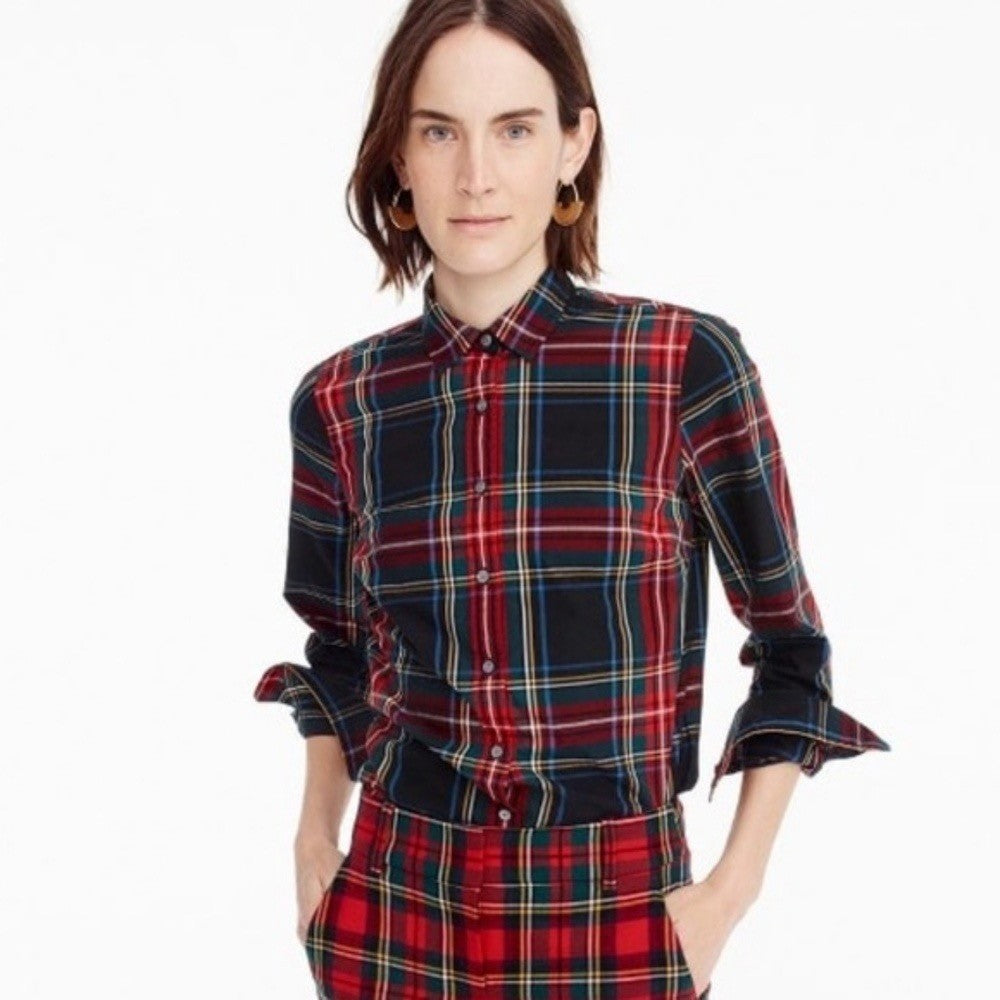 J. CREW Slim Stretch Perfect Shirt Top Black Stewart Tartan Plaid Buttons Size 4