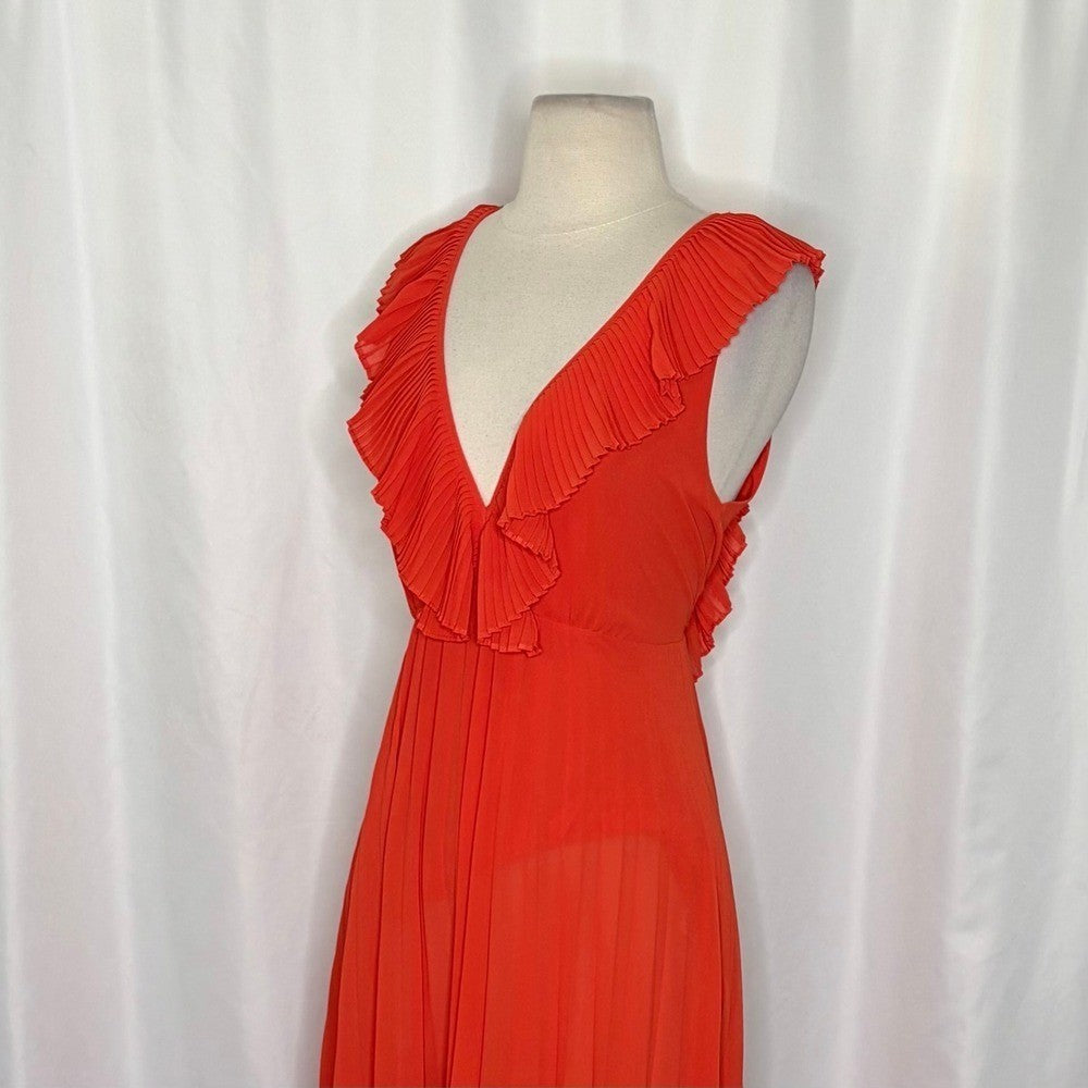 ZARA Pleated Ruffled Red Maxi Dress Plunge V Neckline Valentine 2731/060 Medium