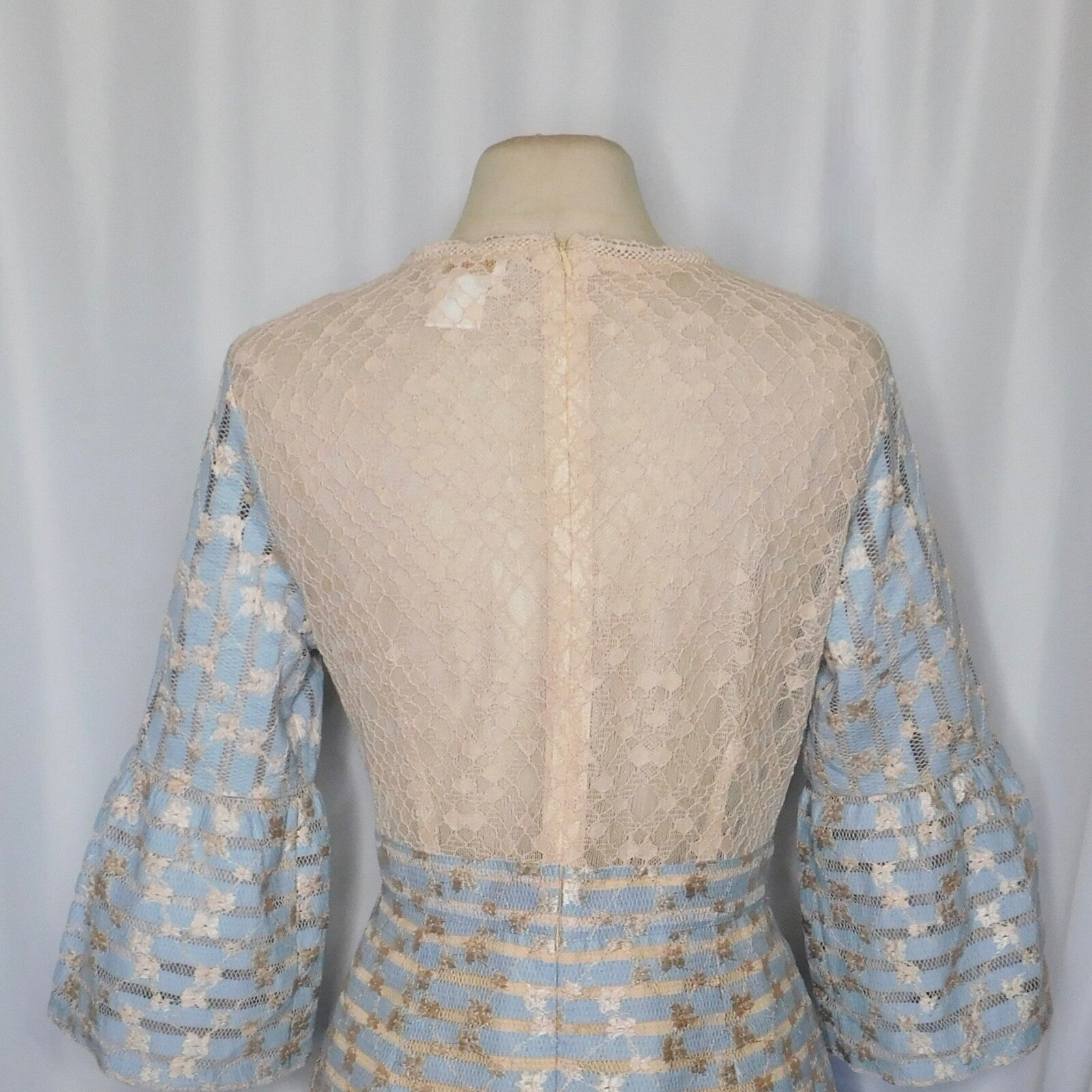 FOXIEDOX Cordelia Bell Sleeve Lace Dress Blue Floral Lace Coquette X-Large