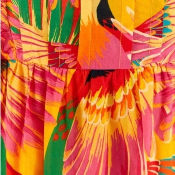 FARM RIO Colorful Toucans Scallops Midi Dress Birds Vacation Embroidered X-Large
