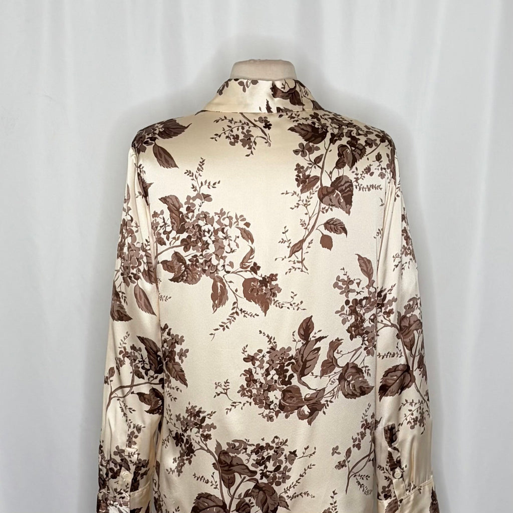 REFORMATION Silk Floral Print Blouse Top Buttondown Cream Brown Chic Large