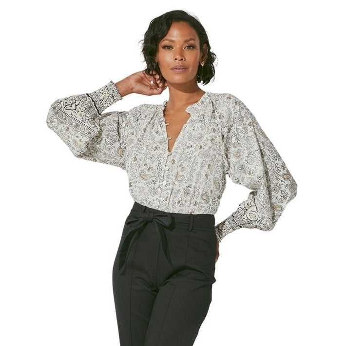 CLEOBELLA Ivy Blouse Woodblock Floral Paisley Print Top Smocked Ruffled Small