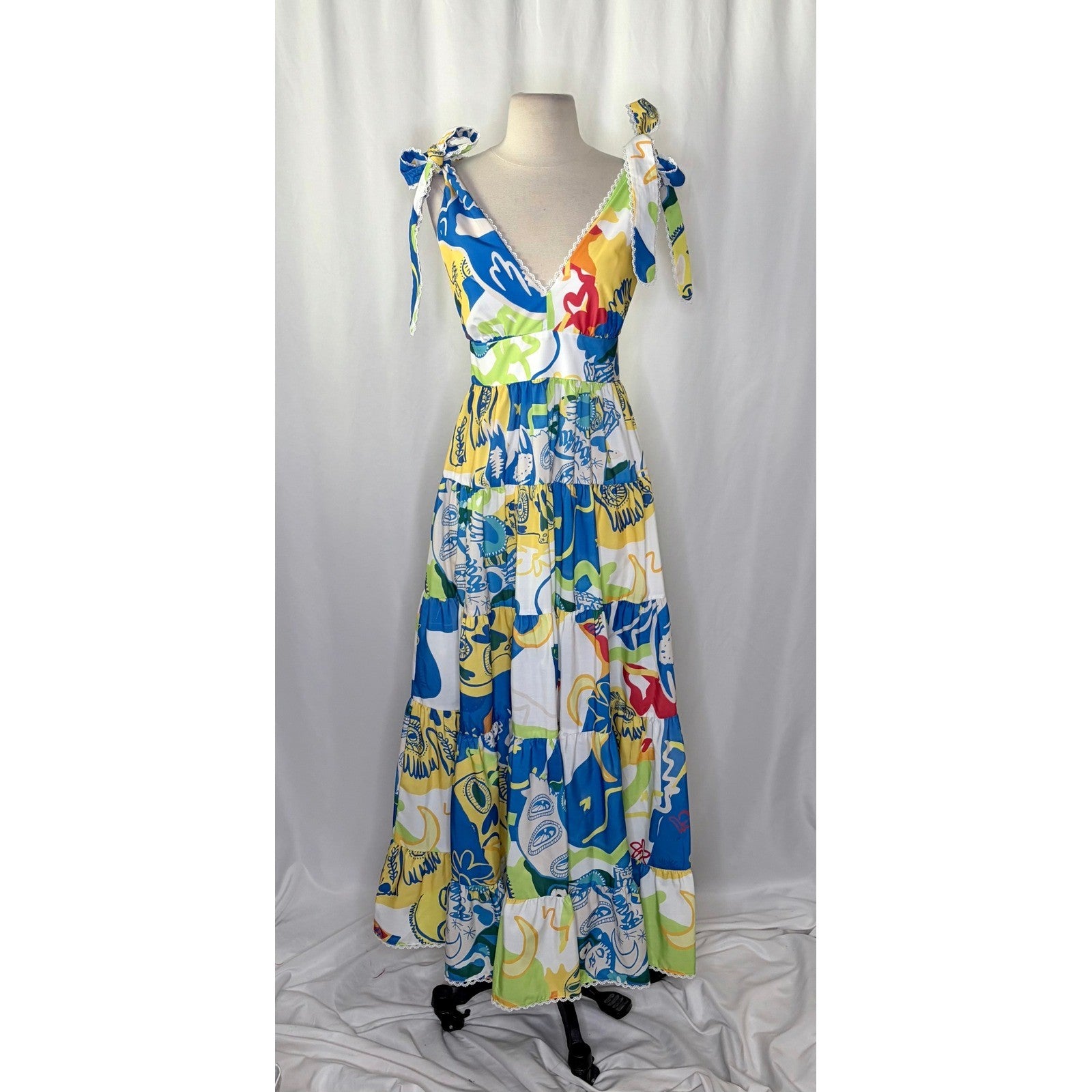 NWT!! CHELSEA & VIOLET Cecily Maxi Dress Colorful Abstract Vacation Tiered XS
