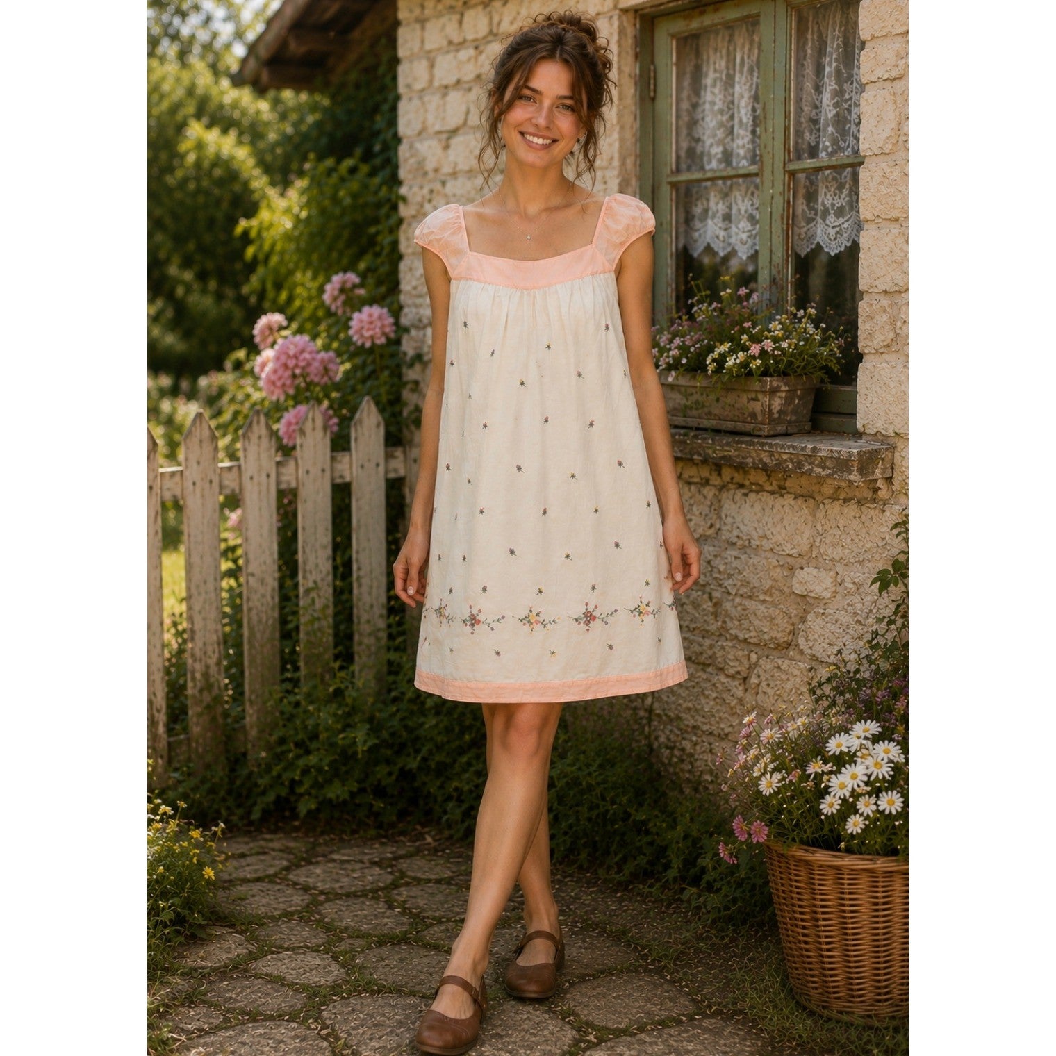Vintage BETSEY JOHNSON Floral Embroidered Shift Dress Y2K Pink Cottage Size 2