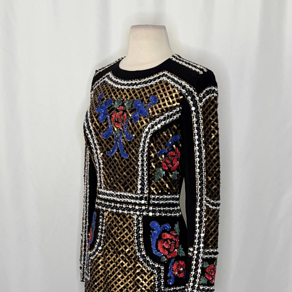 BEBE Black Beaded Sequin Crepe Dress Balmain Bodycon Mini Glam Floral Party 4