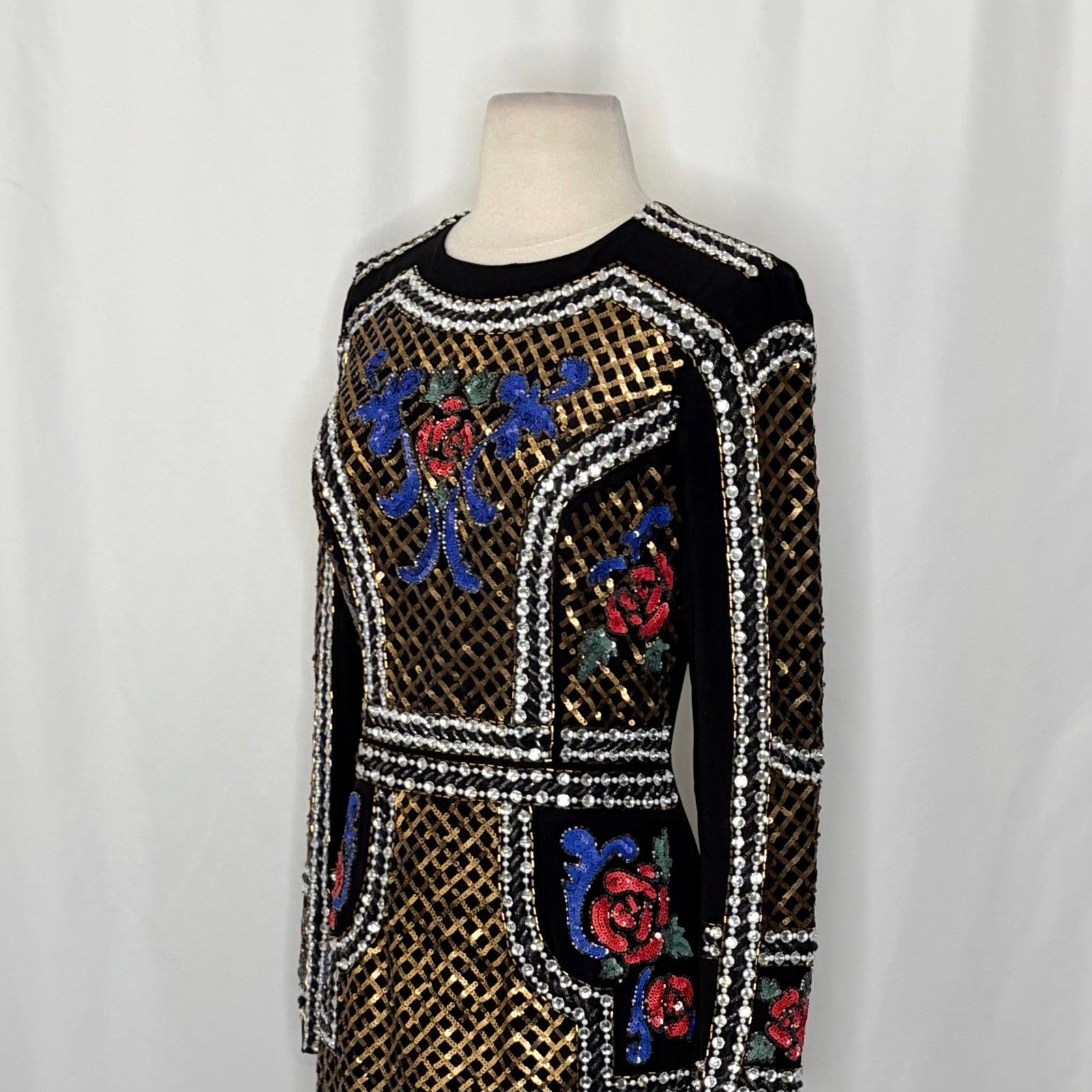 BEBE Black Beaded Sequin Crepe Dress Balmain Bodycon Mini Glam Floral Party 4