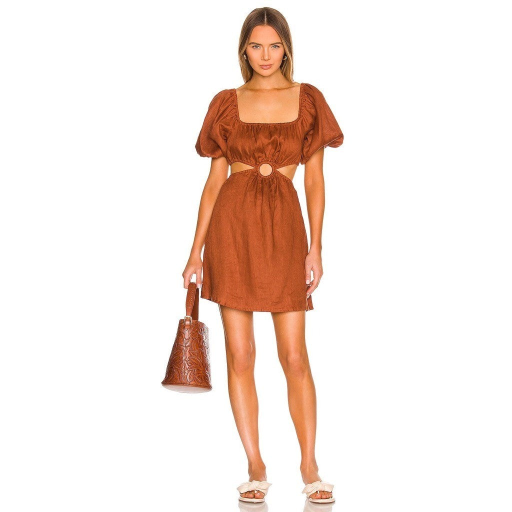 Revolve FAITHFULL THE BRAND Almero Linen Dress Brown Plain Spice Party X-Small