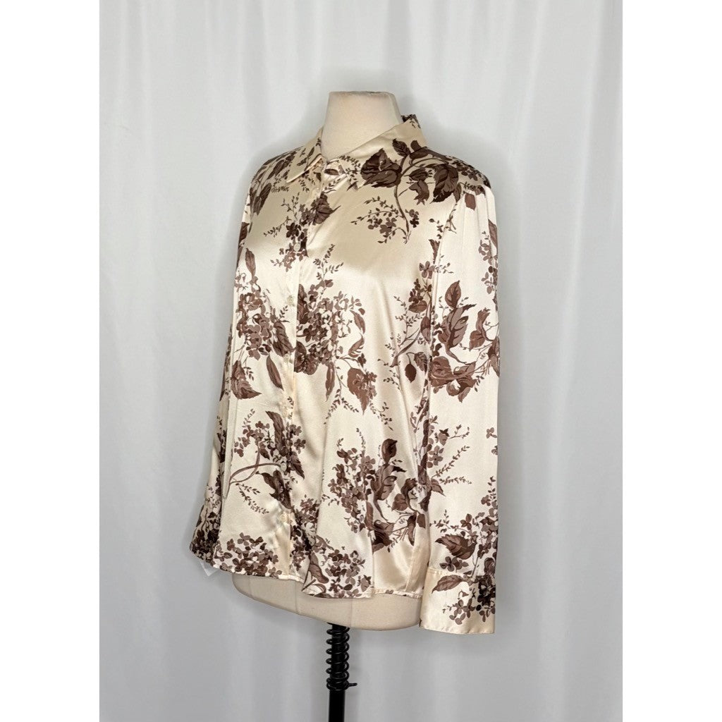 REFORMATION Silk Floral Print Blouse Top Buttondown Cream Brown Chic Large