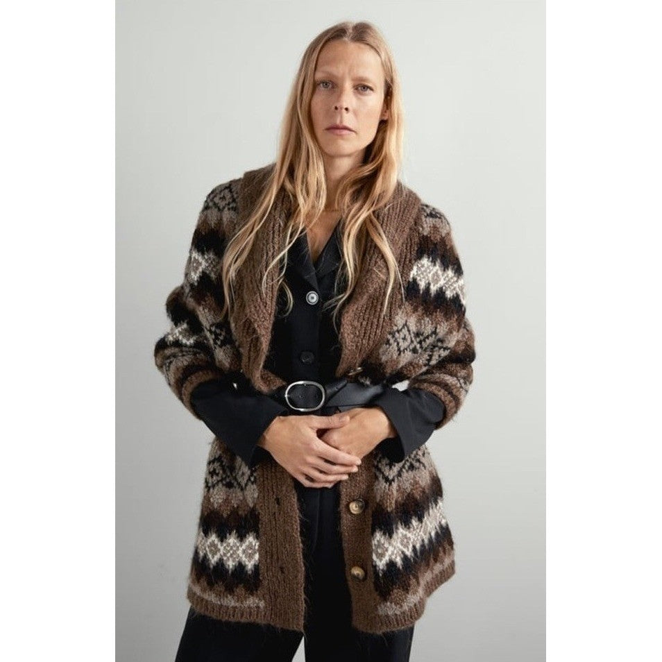 ZARA Fairisle Wool Mohair Cardigan Sweater Oversized Jacquard Knit Shawl Medium
