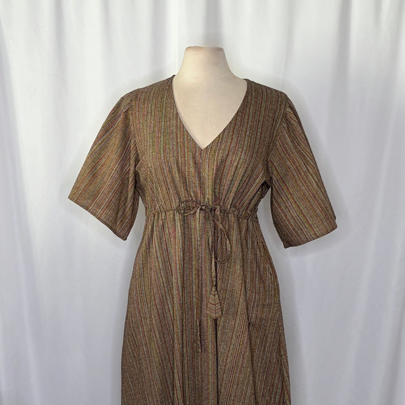 KEMI TELFORD Striped Midi Dress Cotton Tie Waist Western Retro Stripes Medium