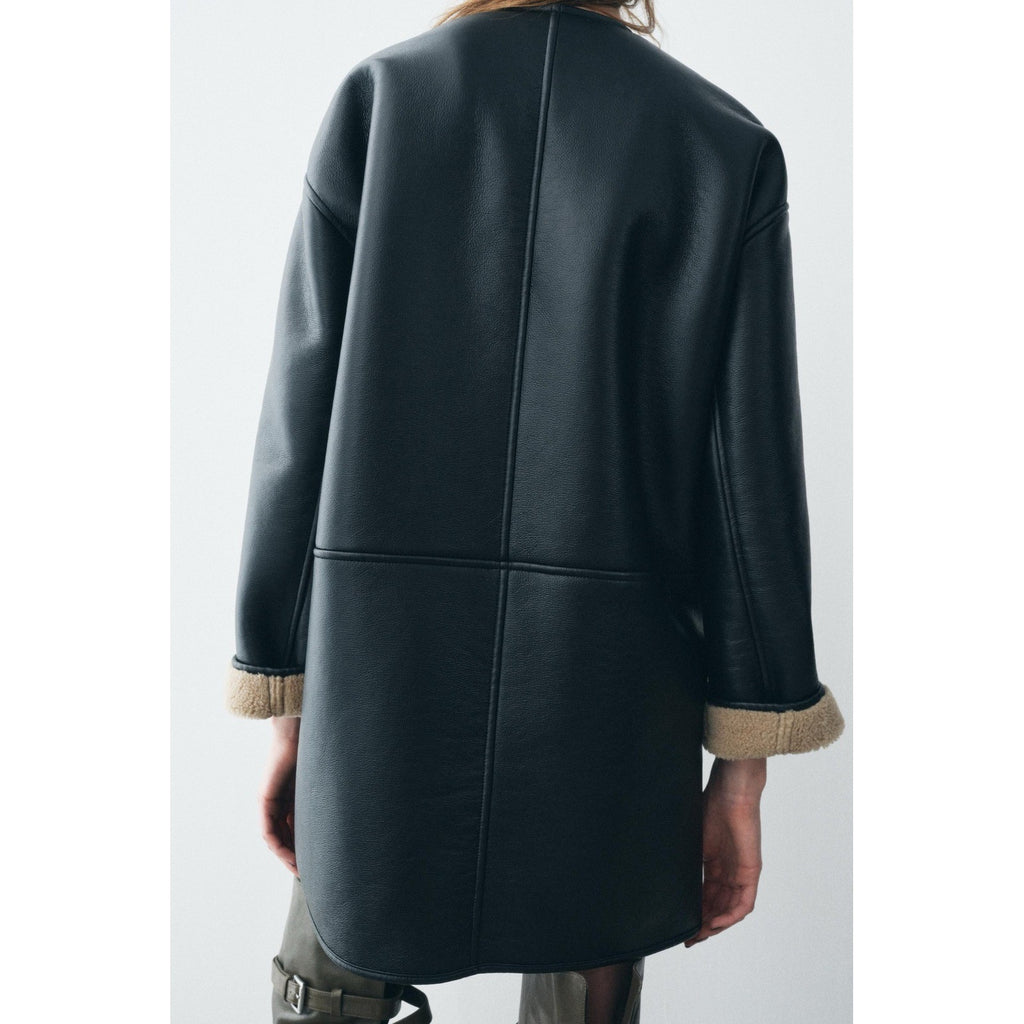 NWT!! ZARA ZW Collection Double Faced Coat Jacket Black Fleece Lining Small