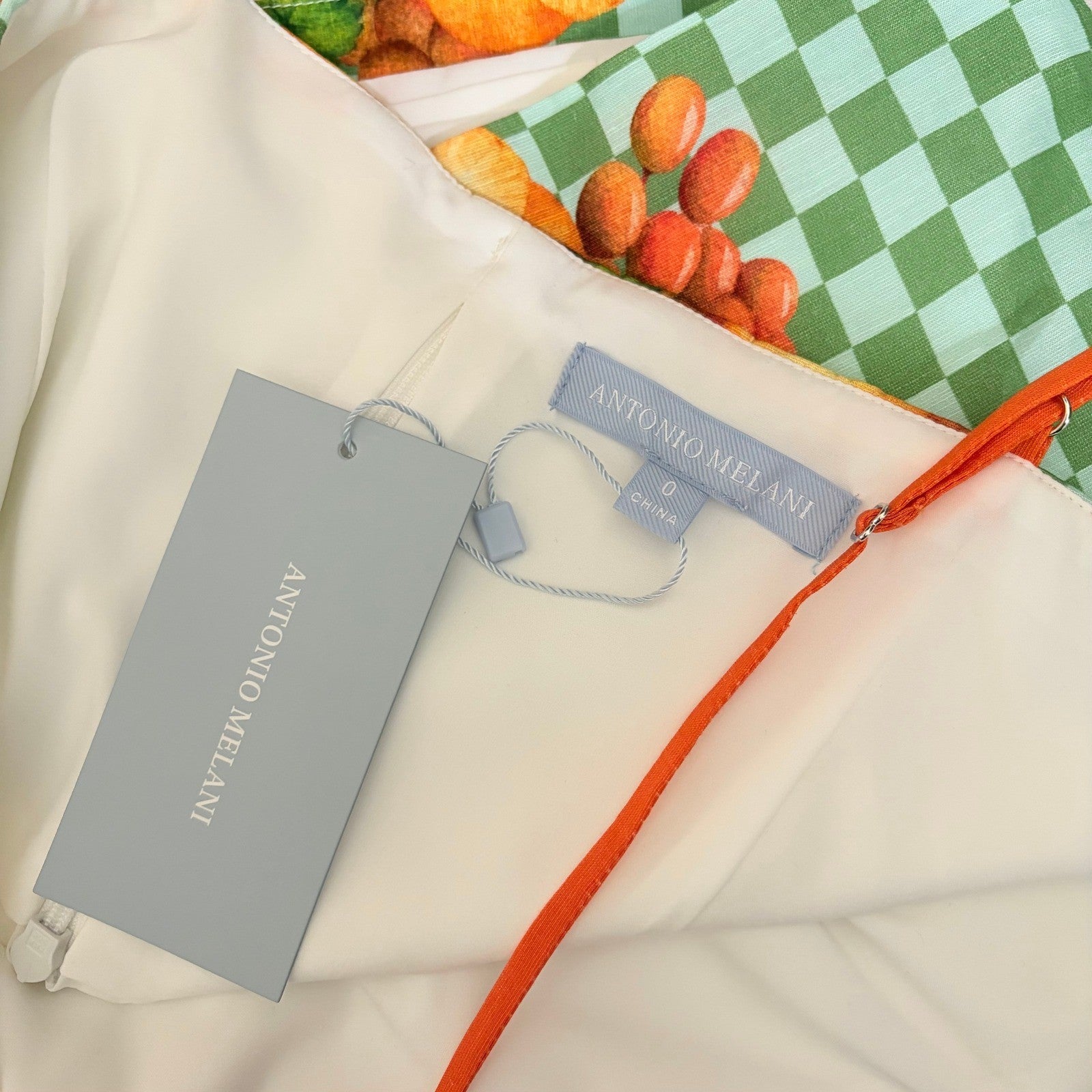 NWT!! ANTONIO MELANI Callista Cropped Linen Top Citrus Bliss Fruit Checkered 0