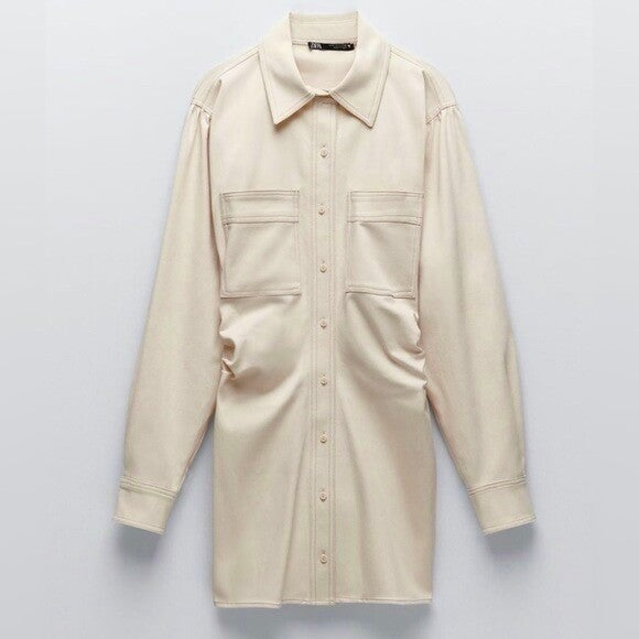 ZARA Natural Cream Shirtdress Mini Shirt Dress Buttons Pockets Twill Small