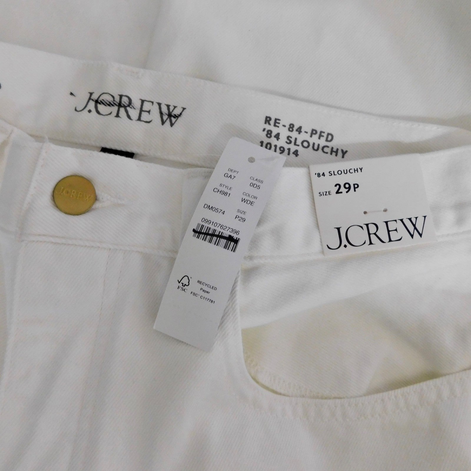 NWT!! J. CREW Petite Slouchy Jeans Solid White Denim Button Fly 29P 29 Petite