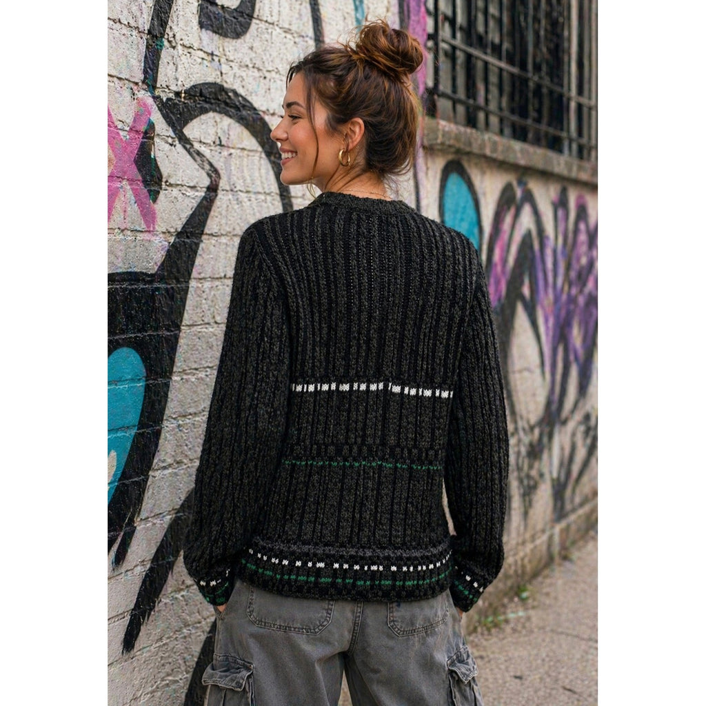 DRIES VAN NOTEN Green Striped Pullover Knit Sweater V Neck Medium