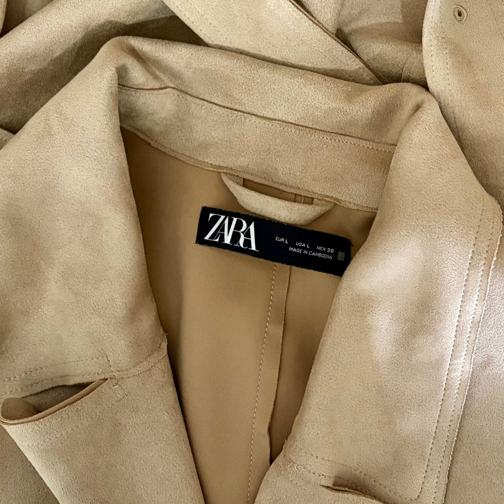 ZARA Faux Suede Trench Coat Belted Jacket Solid Tan Brown Pockets Outdoors Large