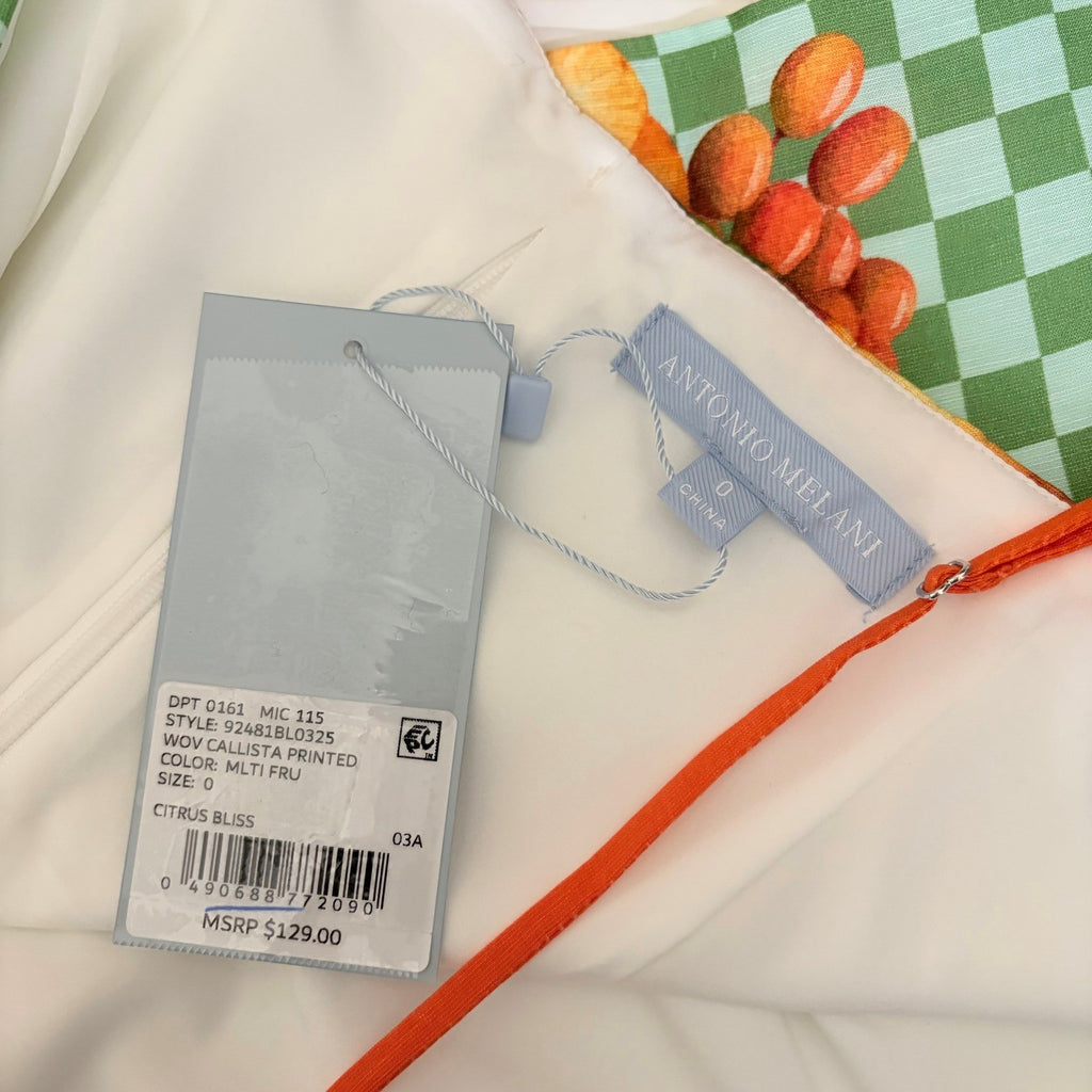 NWT!! ANTONIO MELANI Callista Cropped Linen Top Citrus Bliss Fruit Checkered 0