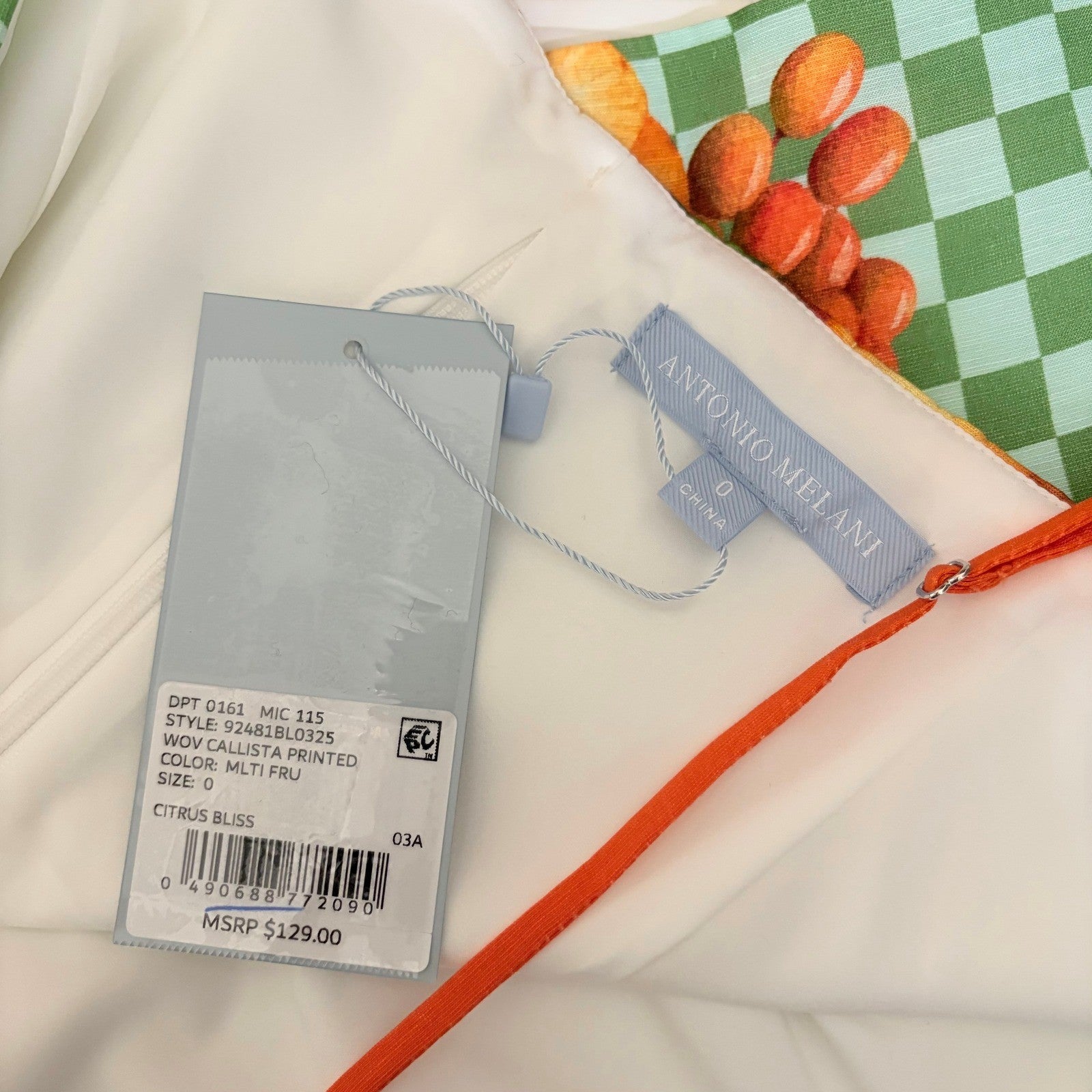NWT!! ANTONIO MELANI Callista Cropped Linen Top Citrus Bliss Fruit Checkered 0