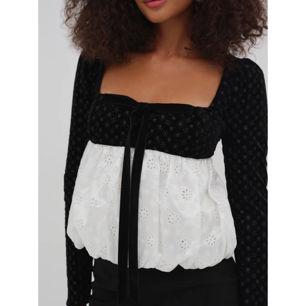 NWT!! FOR LOVE AND LEMONS Elisa Long Sleeve Top Black Velvet Taffeta Eyelet XS