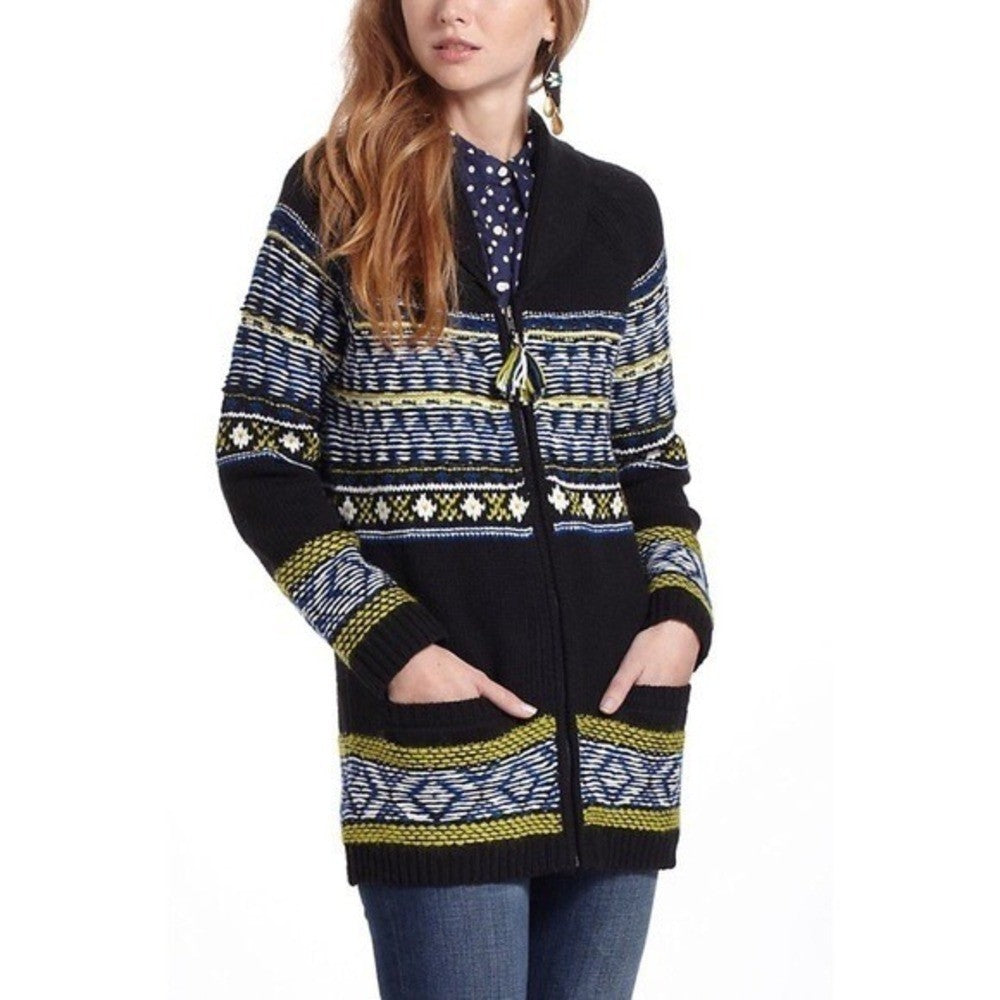Anthropologie SPARROW Batley Fairisle Black Cardigan Sweater Fair Isle Large