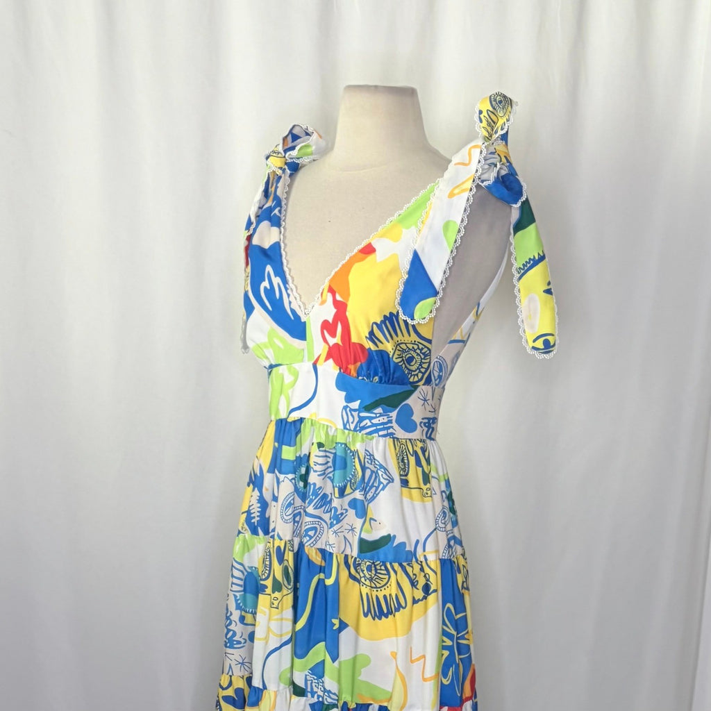 NWT!! CHELSEA & VIOLET Cecily Maxi Dress Colorful Abstract Vacation Tiered XS