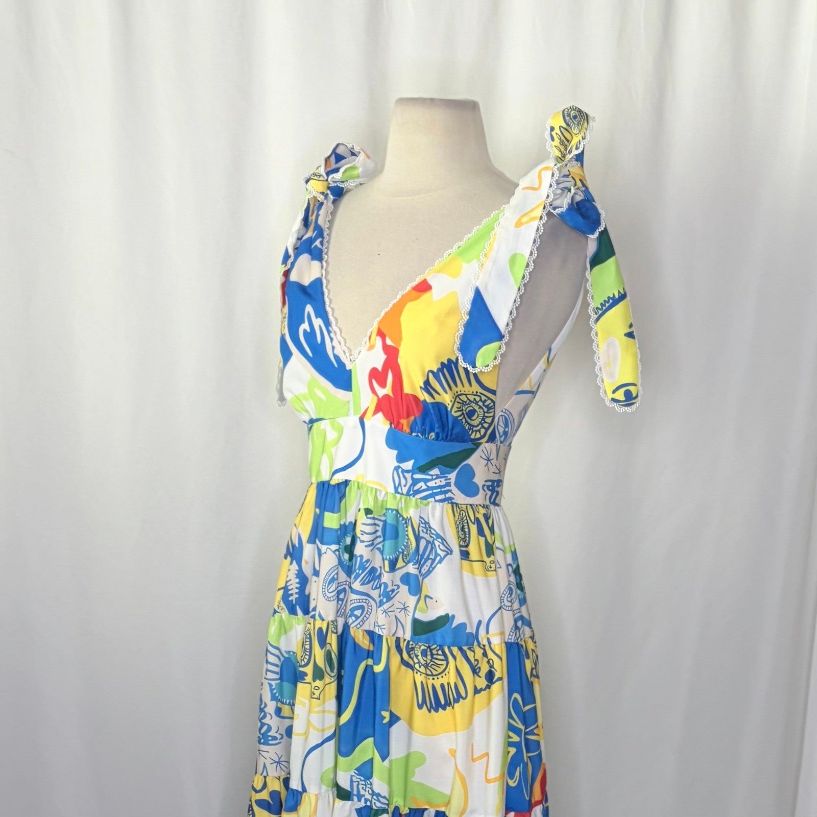 NWT!! CHELSEA & VIOLET Cecily Maxi Dress Colorful Abstract Vacation Tiered XS