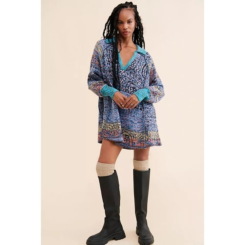 FREE PEOPLE Seasons Of Sun Mini Collared Pullover Knit Sweater Dress Small