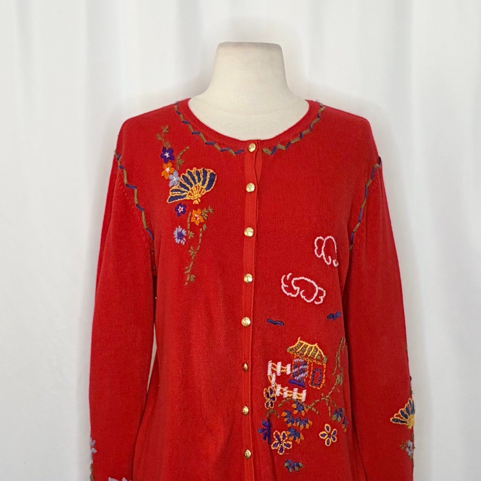 GW JEANS CO. Red Embroidered Asian Floral Cardigan Sweater Medium