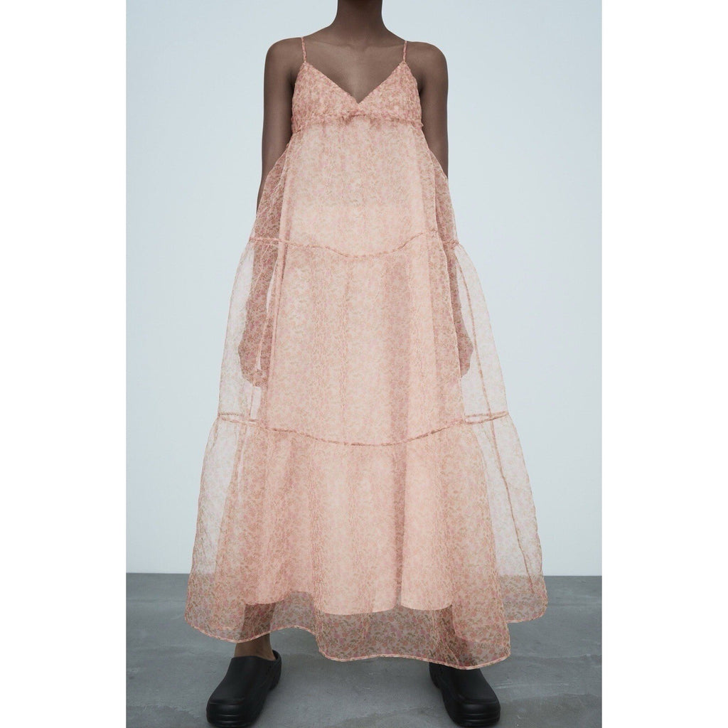 ZARA Organza Pink Peach Floral Maxi Dress Tiered Sundress Summer Vacation Medium